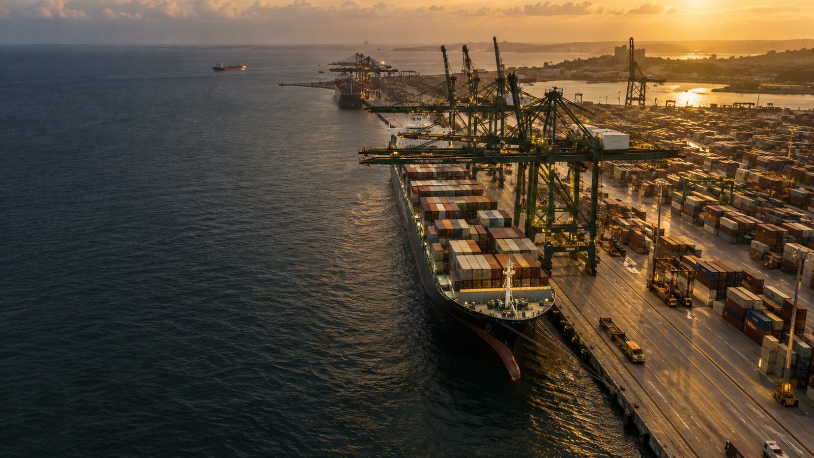 Container terminal with cargo vessels and cranes