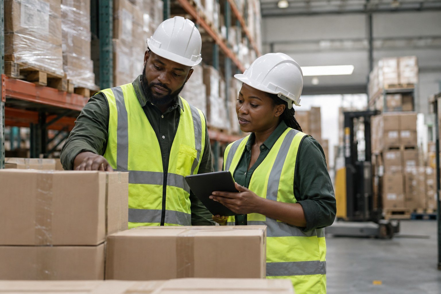 Supply chain professionals inspecting cargo in a distribution facility